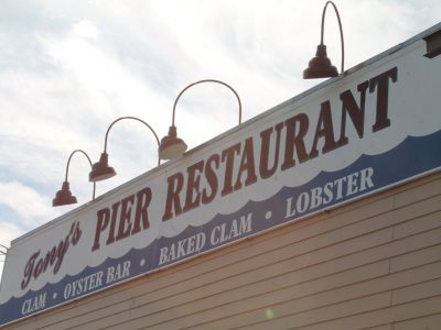 Tony's Pier Restaurant sign outside the building