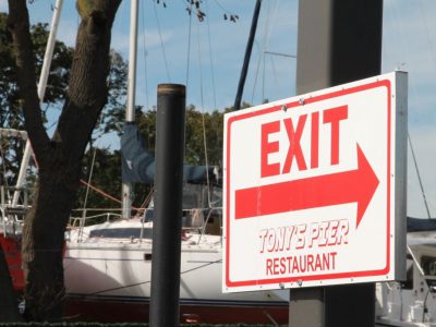 Tony's Pier Restaurant outside exit sign